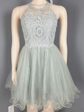 FORYOUDRESS Silver Sequin Trim Satin Dress